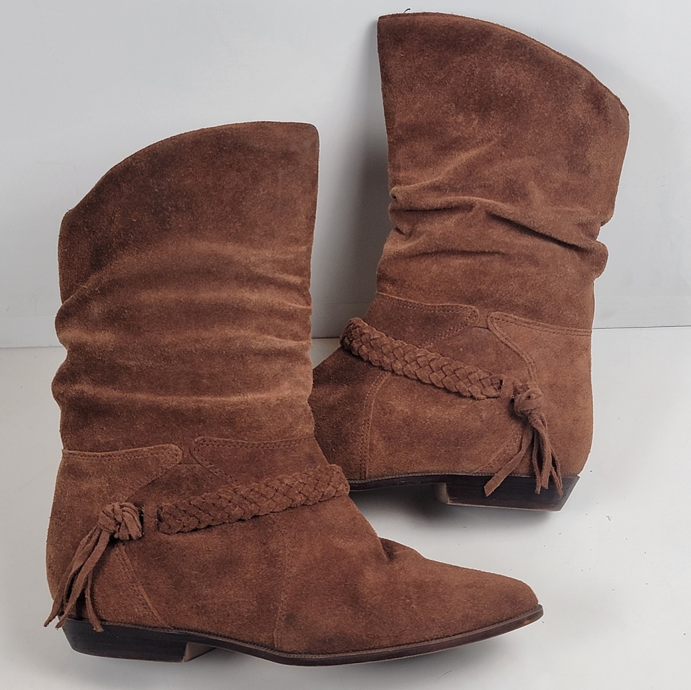 Fox Chestnut Leather Slant Shaft Slouch Boot with Braided Tassle Detail, EUC, 8